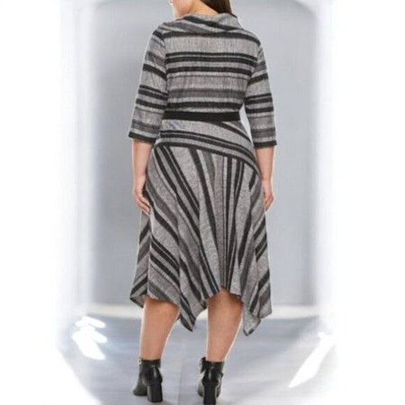 Danny & Nicole Plus Size NEW 18W Quarter Sleeve Gray Striped Midi Fit Flare - Picture 2 of 10
